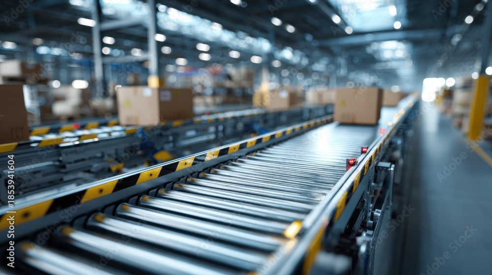 Fototapeta premium Medium shot of a dynamic cargo conveyor system operated by robots main components in clear focus against a blurred warehouse environment illustrating seamless automated sorting.