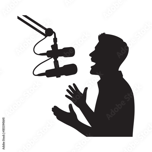 Silhouette of a singer performing with a microphone in a studio setting