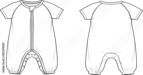 Baby romper technical drawing showing front and back views of infant bodysuit garment design isolated on white background apparel illustration