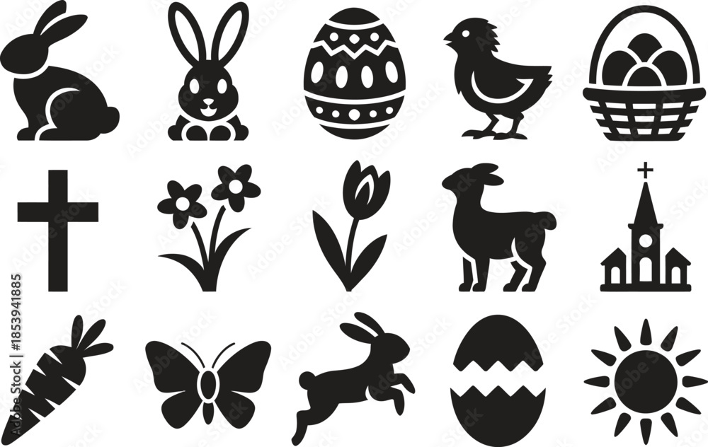 Fototapeta premium Easter Nature Icon Silhouette Vector Set, Bunny Egg Cross Animal Spring Symbols Collection Isolated On White Background