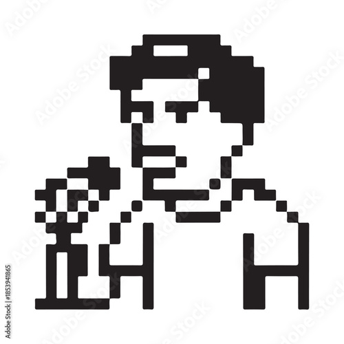 Pixelated portrait of a man with a flower reminiscent of early computer graphics
