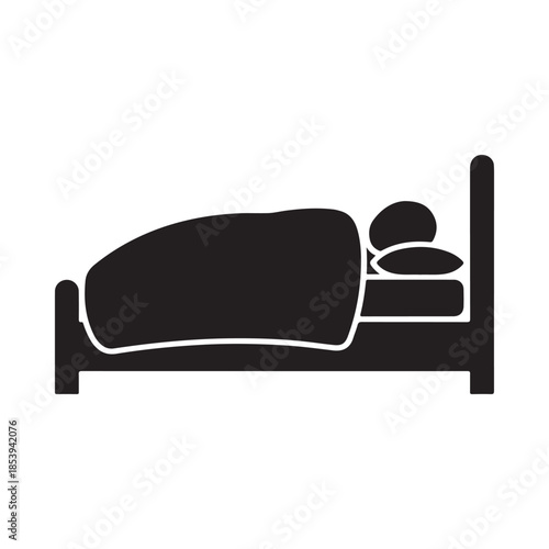 Simple black and white illustration of a bed with pillows and bedding
