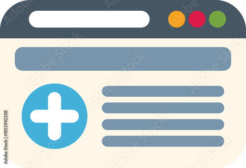 Minimalist vector illustration featuring a web browser window displaying medical information, symbolized by a prominent plus sign icon
