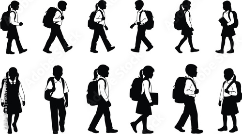 School children silhouettes walking with backpacks showing boys and girls students in uniform isolated on white background education lifestyle concept