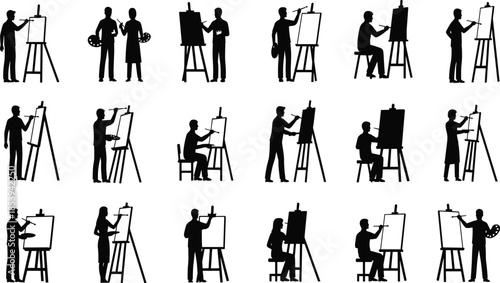 Artist silhouettes set showing painters working on easels, creating artwork in studio scenes isolated on white background creative profession concept