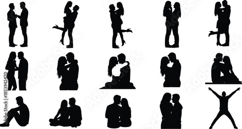 Romantic couple silhouettes set showing love, hugging, kissing and intimate moments isolated on white background relationship and romance concept