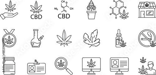 Large set of line icons for Cannabis, CBD oil, dispensary, legalization, medical marijuana, chemical structure, and drug testing, representing the hemp industry vector illustration.
