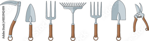 Set of flat vector garden tools including hand trowels, rakes, pitchforks, a sickle, and pruning shears with wooden handles isolated on white background.