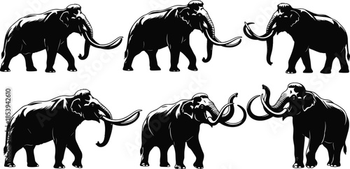 Elephant silhouettes set showing prehistoric mammoth style animals in different walking poses isolated on white background wildlife illustration concept