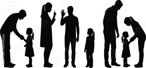 Family silhouettes showing parents and children interaction, discipline, care and communication moments isolated on white background parenting concept illustration