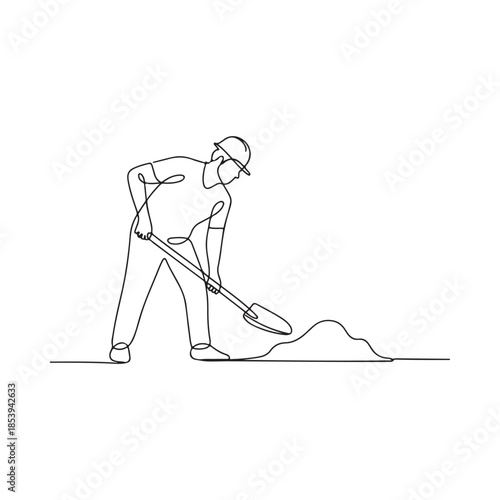 A single line drawing of a worker digging with a shovel in the dirt