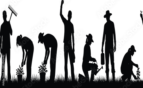 Farm worker silhouettes showing planting, watering and agricultural labor activities in rural field isolated on white background farming concept