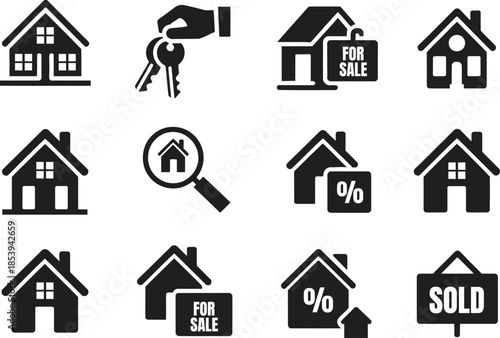 Property Housing Icon Silhouette Vector Set, Home Sale Rent Key Symbols Collection Isolated On White Background
