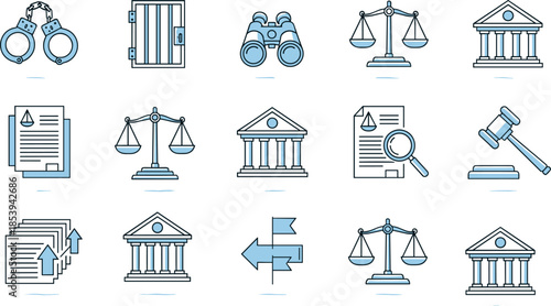 Law and Justice Vector Flat Line Icons Set, Legal System, Court Building, Gavel, Scales of Justice, Handcuffs, Jail, Document, and Investigation Symbols, Outline Graphic for Legal Services.