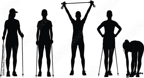 Fitness silhouettes showing Nordic walking and resistance band workout exercises performed by active people isolated on white background healthy lifestyle concept