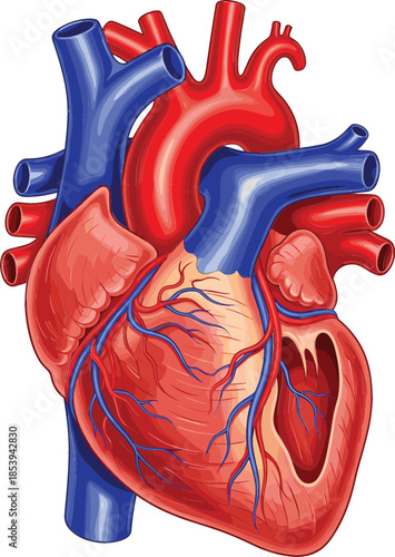Realistic human heart anatomical vector illustration showing major arteries, veins, ventricles, and circulatory system structure for medical education, healthcare science, and biology cardiology diagr