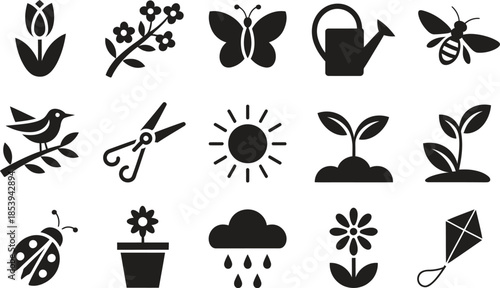 Nature Gardening Icon Silhouette Vector Set, Botanical Bird Tool Sun Symbols Collection Isolated On White Background