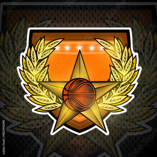 Basketball ball inside of star in center of golden wreath. Sport element for any team or competition