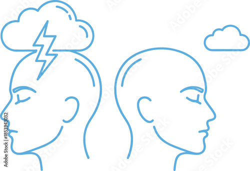 Minimalist blue line vector illustration of two human profiles representing mental health contrast with a storm cloud lightning bolt and a calm small cloud..