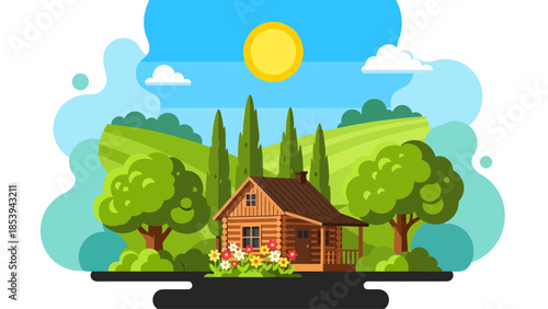 A flat vector illustration shows a cozy wooden log cabin nestled in a green landscape with leafy trees, cypress trees, and colorful flowers under a bright yellow sun in a blue sky