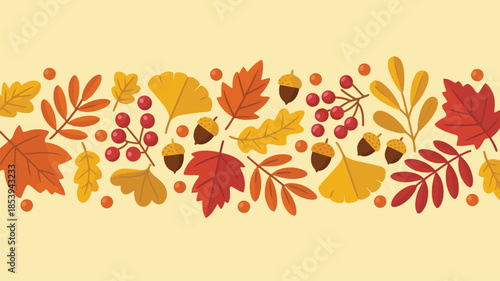 A beautiful seamless horizontal pattern of various colorful autumn leaves and acorns on a light yellow field