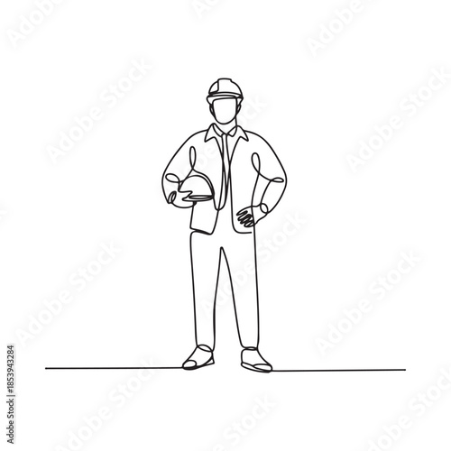 Continuous line drawing of a male architect holding blueprints and helmet