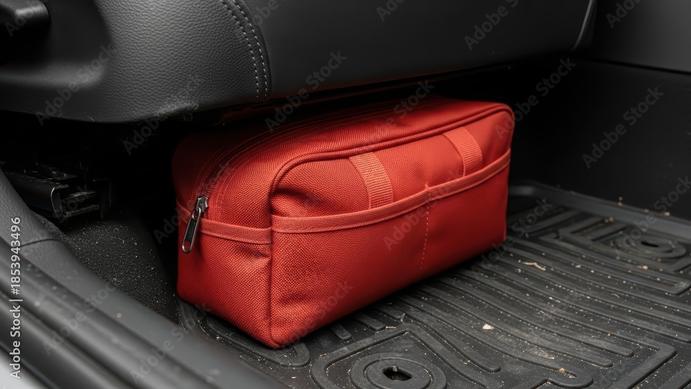 Obraz premium Red storage bag on car floor mat with black interior detailing and zipper accessory