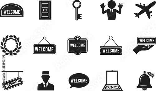 Welcome Sign Icon Set Silhouette Vector, Door Plate Key Bell Plane Travel Symbol Collection, Black Welcome Label Icons Isolated On White Background