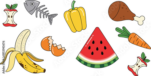 Food Waste and Organic Scraps Vector Illustration Set with Apple Core Banana Peel Eggshell Fish Bone Watermelon Carrot and Chicken Drumstick.