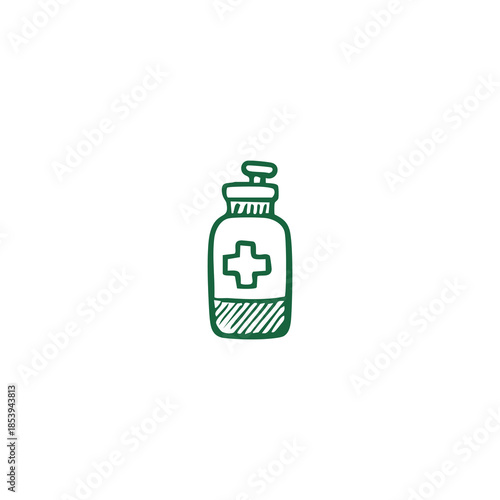 Green outlined hand sanitizer bottle with a cross symbol on it