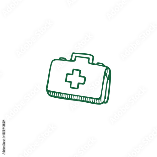 Green sketch of a first aid kit on white background, with a cross symbol