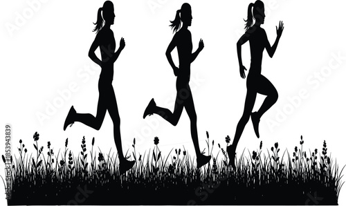 Running woman silhouettes showing outdoor jogging and fitness training on grass landscape isolated on white background healthy lifestyle concept
