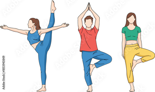 Flat Vector Illustration Set of People Practicing Yoga Poses Including Tree Pose and Standing Split for Wellness Balance and Healthy Fitness Lifestyle.