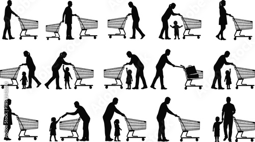 Shopping cart silhouettes showing parents and children grocery shopping together in supermarket scenes with family interaction isolated on white background
