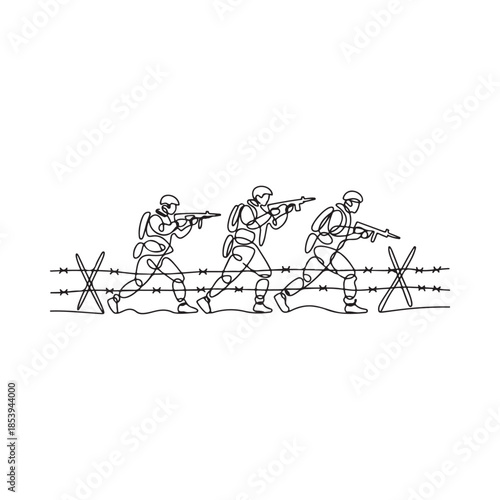 Soldiers advancing through barbed wire obstacles in a sketched illustration