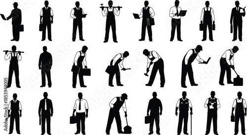 Worker silhouettes set showing manual laborers, technicians and professionals using tools in various job activities isolated on white background