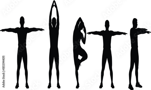 Yoga and fitness silhouettes demonstrating standing balance and stretching poses isolated on white background wellness, mindfulness and healthy lifestyle concept