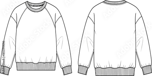 Sweatshirt technical drawing showing front and back views of long sleeve crewneck garment design isolated on white background apparel illustration