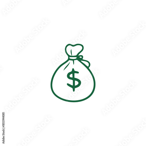 A simple drawing of a green money bag with a dollar sign on a white background