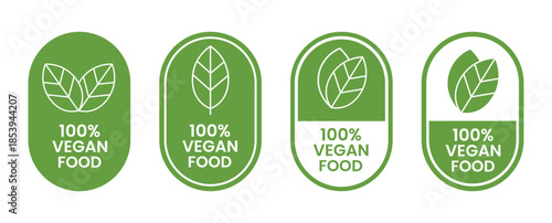 Vegan Food Icon Set with Bio, Ecology and Organic Logos, Green Leaf Badges Vector
