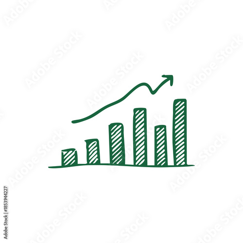 A hand-drawn green bar graph with an upward trending arrow, all on a white background