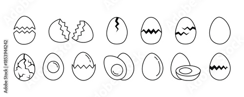 Egg Icon Set with Broken, Cracked and Sliced Eggs for Easter and Allergen Free Label Vector