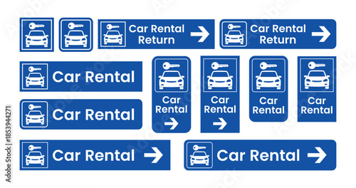 Car Rental Sign Set with Rent and Return Icons, Labels, Badges, Stickers, Banners, Stamps, Symbols and Logos in Yellow and Black Flat Line Vector Design for Transportation, Travel and Vehicle Services
