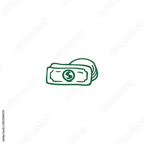 Green line drawing of currency, a bill and stacked bills, on white background