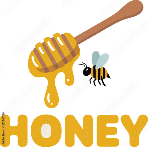 Honey dipper with dripping honey and bee