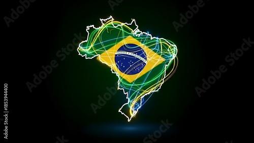 Glowing Digital Map of Brazil with Neon Light Trails