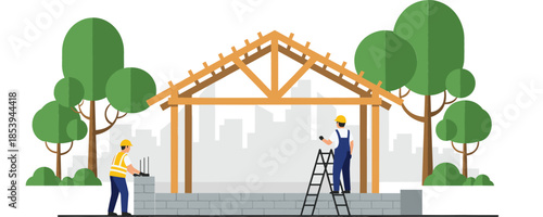  Flat Vector Illustration of Construction Workers Building a Wooden House Frame at a Site with Trees and a City Skyline Background