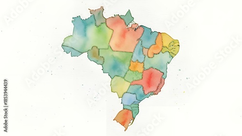 Colorful watercolor map of Brazil with highlighted regions