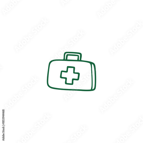 Simple green outline of a medical kit on white. A cross is on the front