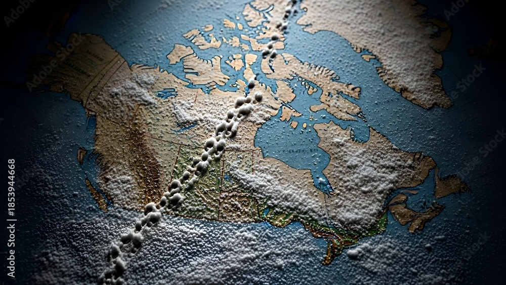 Naklejka premium Footprints across a textured map of Canada with dramatic lighting